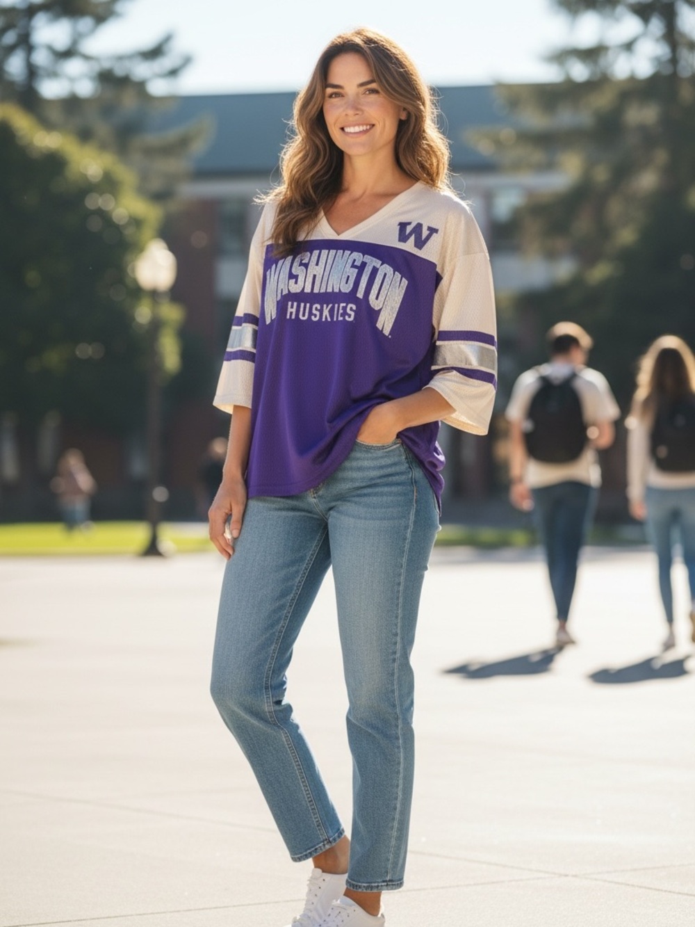 🏈 University Washington Huskies Mesh Purple and Cream Shimmer V-Neck Top Plus 2X